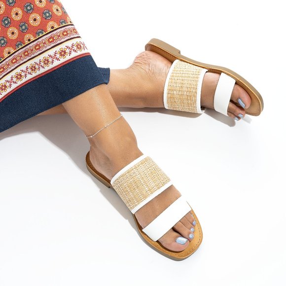 Soda Shoes - White Raffia Slide Sandals